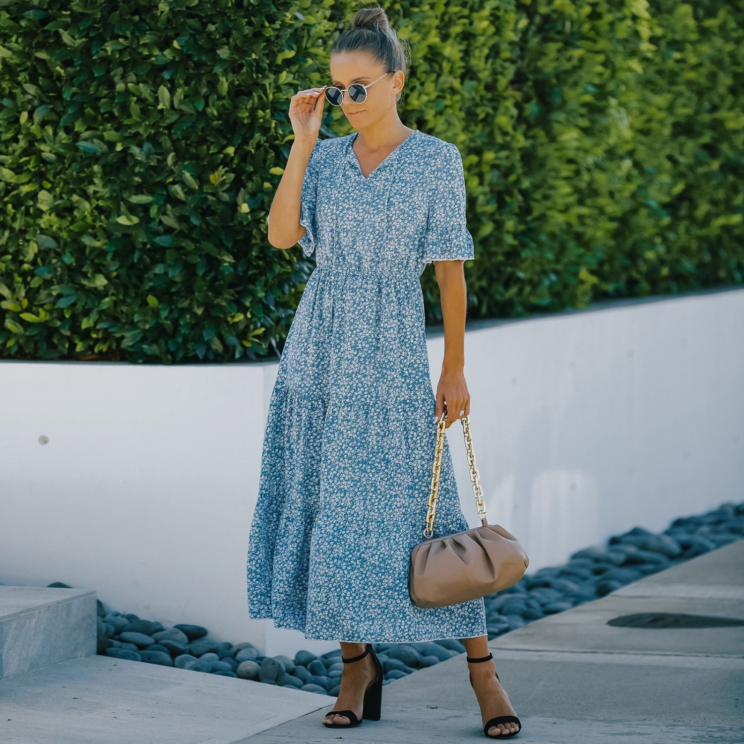Floral Flounce Cuff Midi Dress