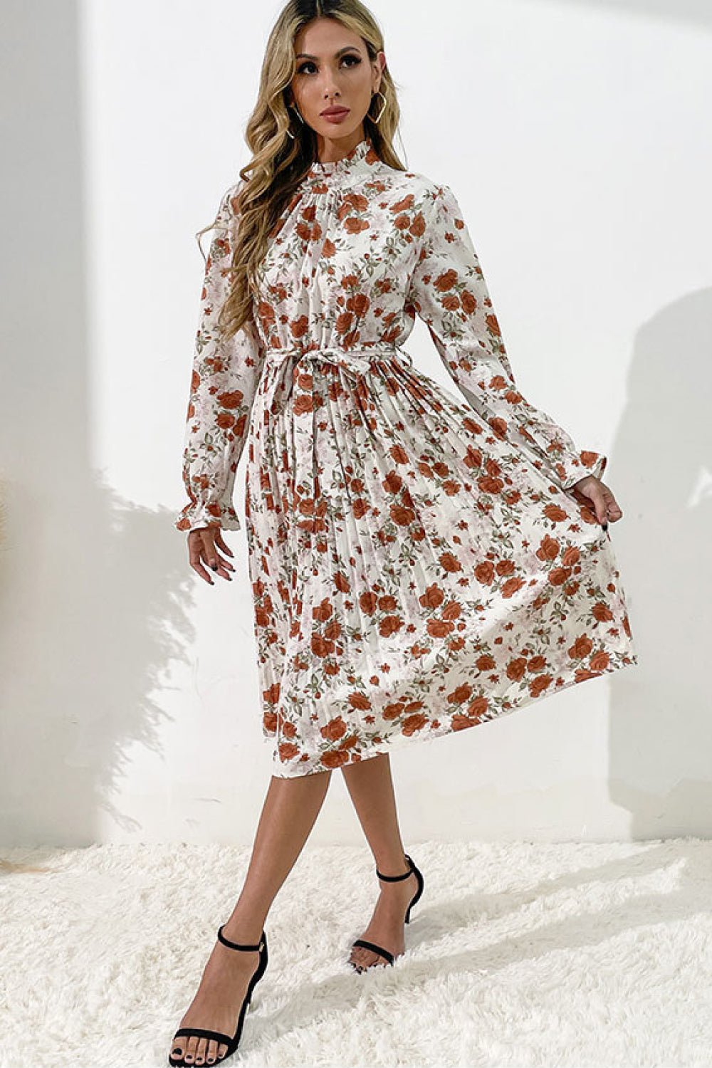 Floral Mock Neck Tie-Waist Pleated Midi Dress