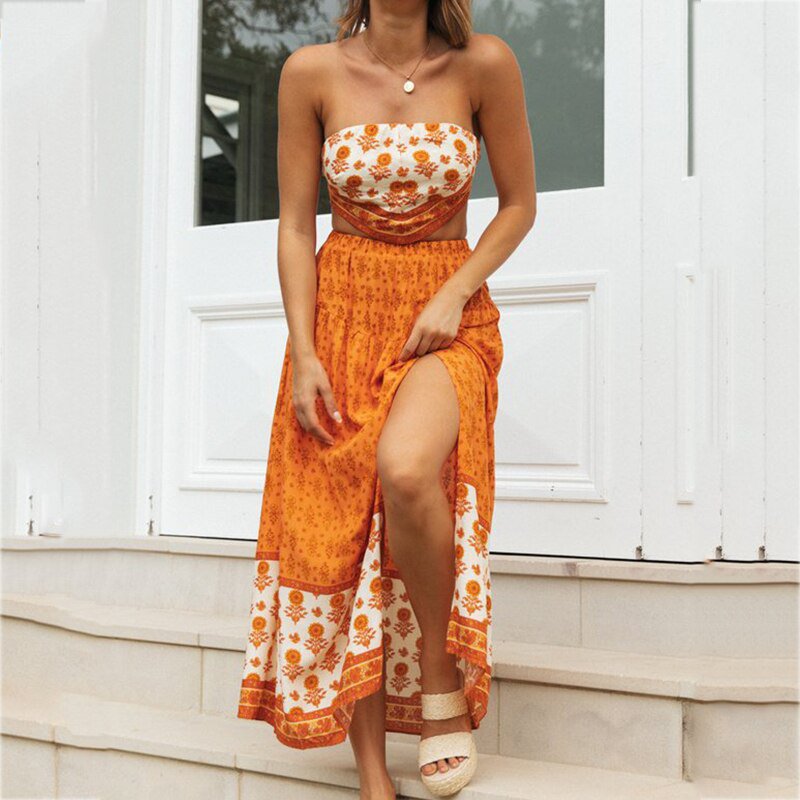 Floral Print Boho Summer Orange Midi Dress