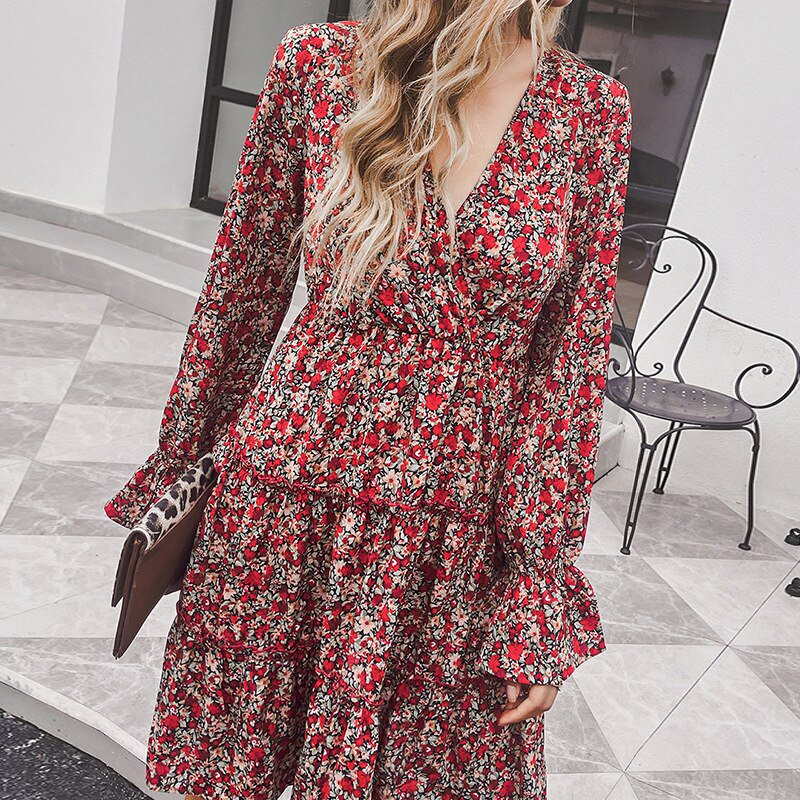 Floral Print Winter Long Sleeve Mini Dress