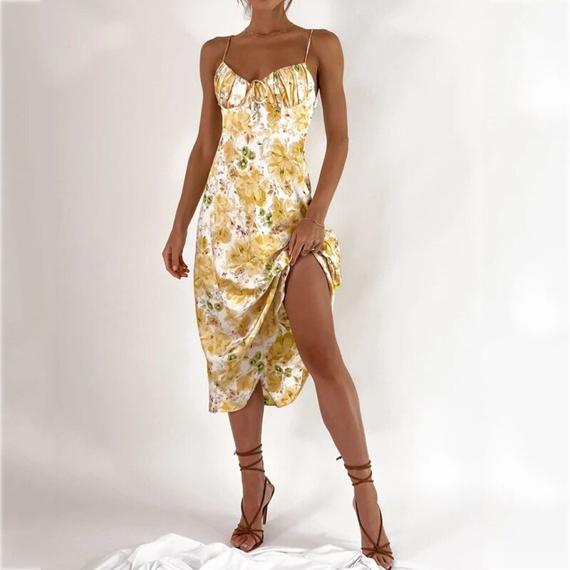 Folds Ladies Yellow Boho Midi Dress