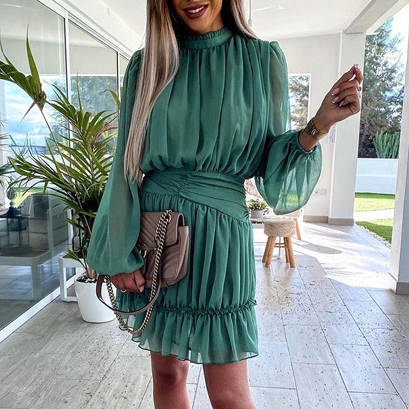 Long Sleeve Green Chiffon Mini Dress