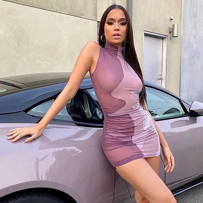 O Neck Mini Dress Sexy Print