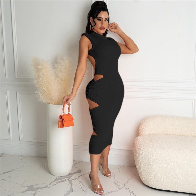 O Neck Solid Sexy Hollow Maxi Dress
