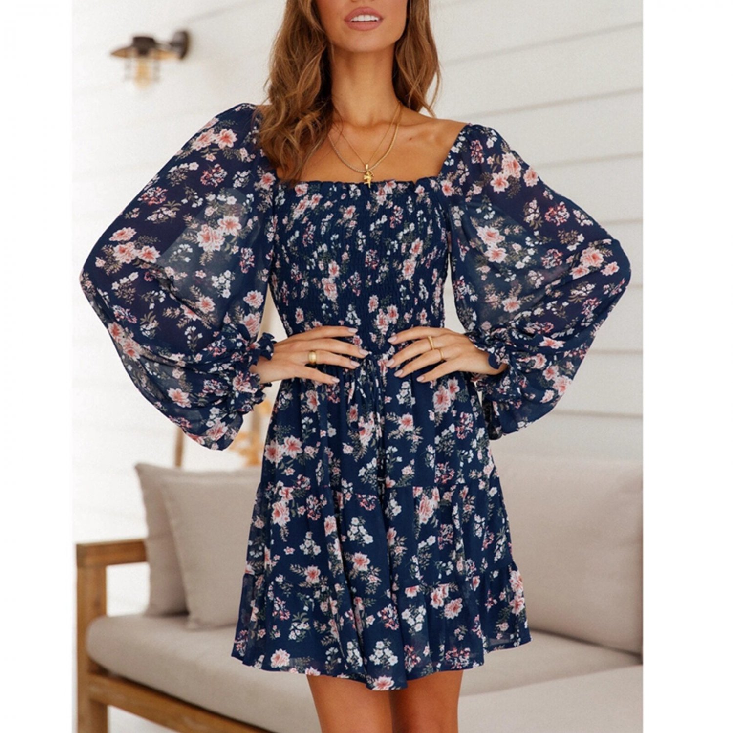 Office Lady Floral Chiffon Mini Dress
