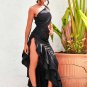 Off-Shoulder Cut-Out Split Ruffled Reflective Satin Party Maxi Dress
