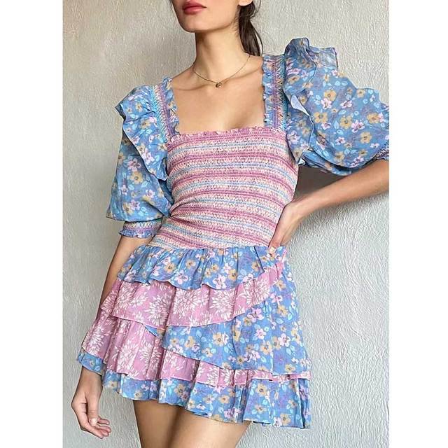 puff sleeve square neck smocked Mini Dress
