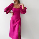 Rose Red Square Colloar Slit Midi Dress