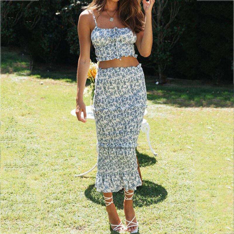Ruffle Elastic Bodycon Blue Maxi Dress