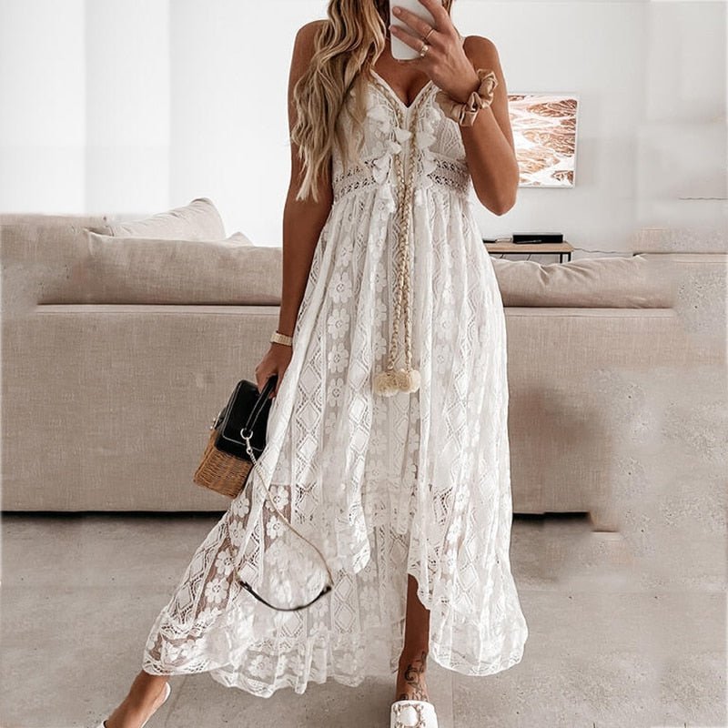 Ruffled V Neck White Lace Long Maxi Dress