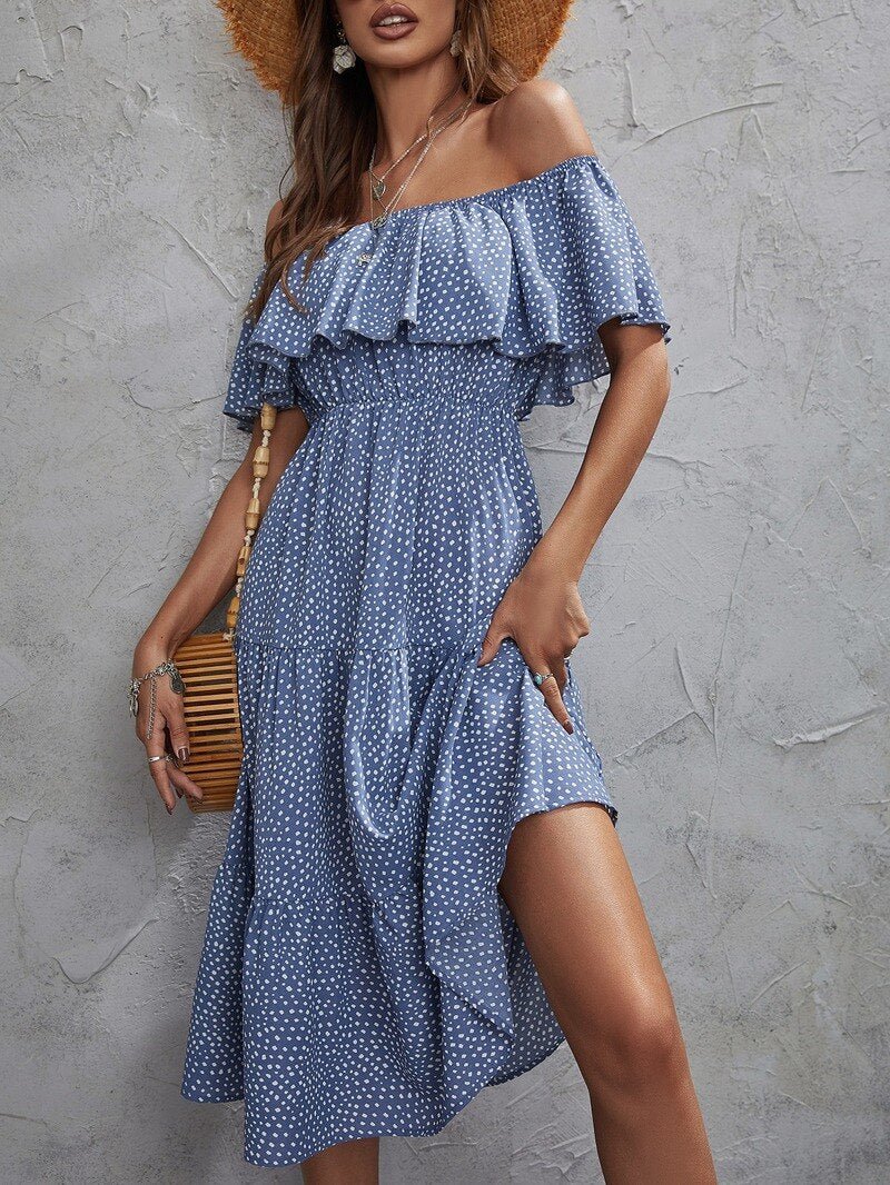 Sexy Chic Slash Neck Strapless Dot Print Midi Dress