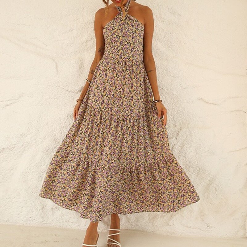 Sexy Cross Halter Floral Print Maxi Dress