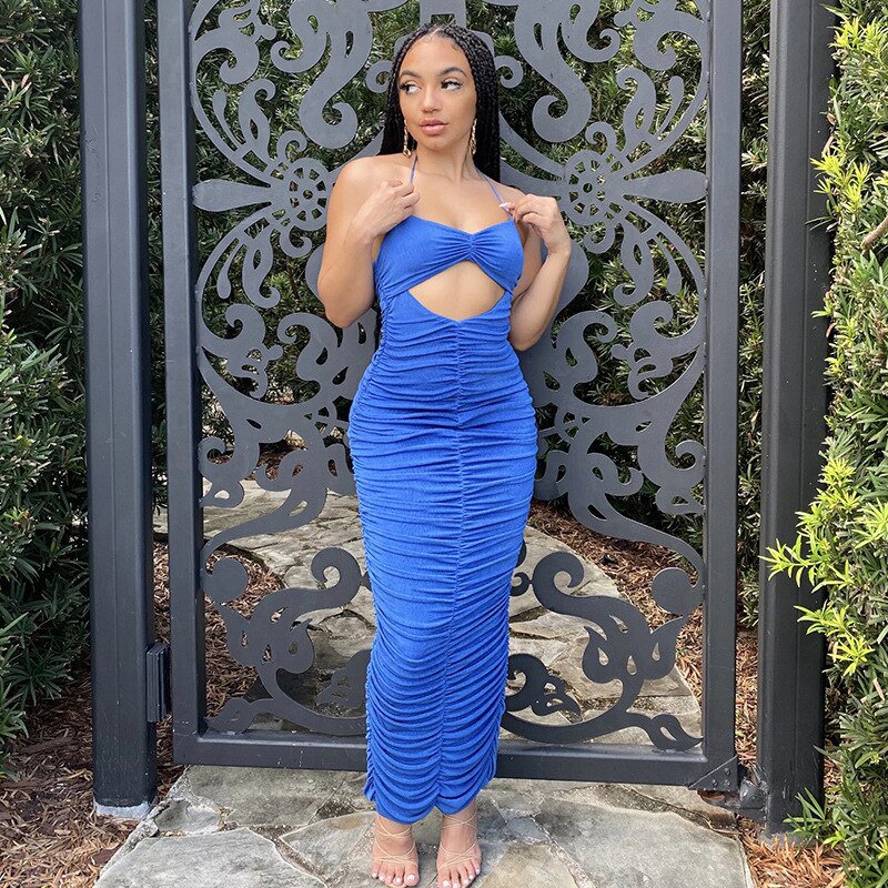Sexy Cutout Halter Ruched Maxi Dress
