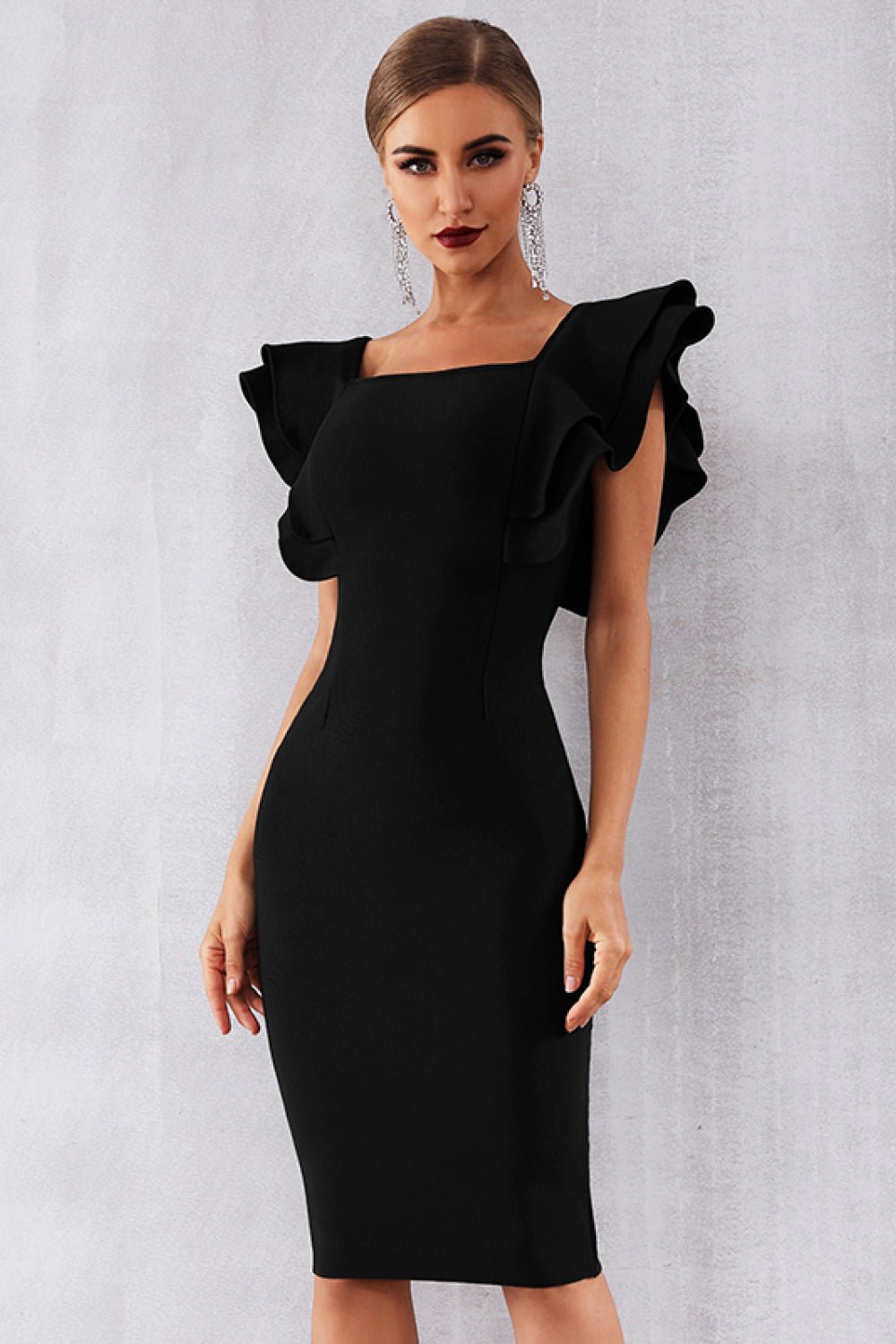 Solid Ruffle Shoulder Midi Dress
