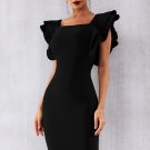 Solid Ruffle Shoulder Midi Dress
