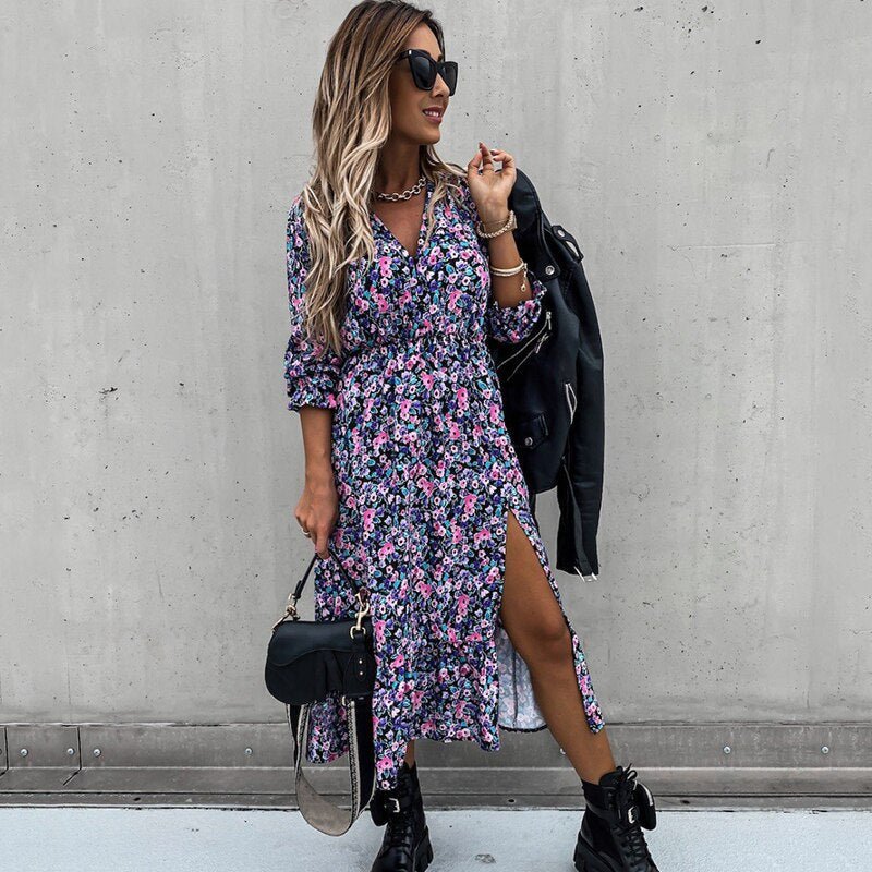 Spring Autumn V Neck Long Floral Maxi Dress