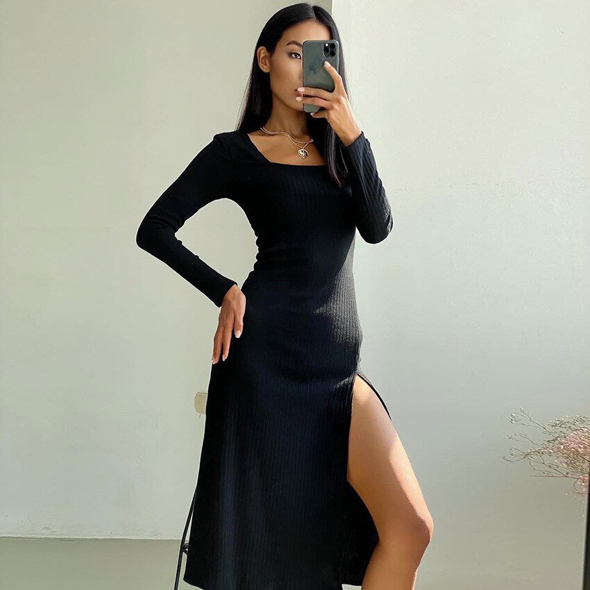 Square Collar Slit Long Knitted Maxi Dress