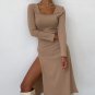 Square Collar Slit Long Knitted Maxi Dress