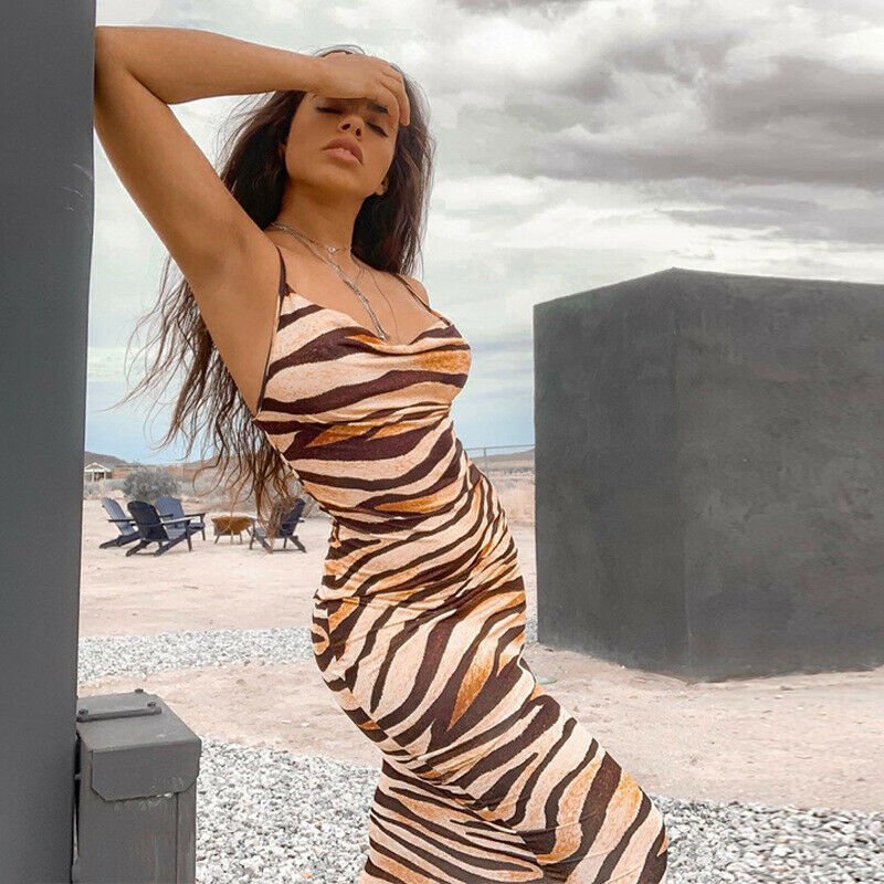 Strappy Lady Zebra Striped Slim Midi Dress