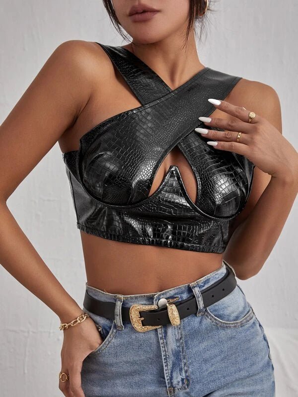 Black Leather Cut Out Hollow Crop Top