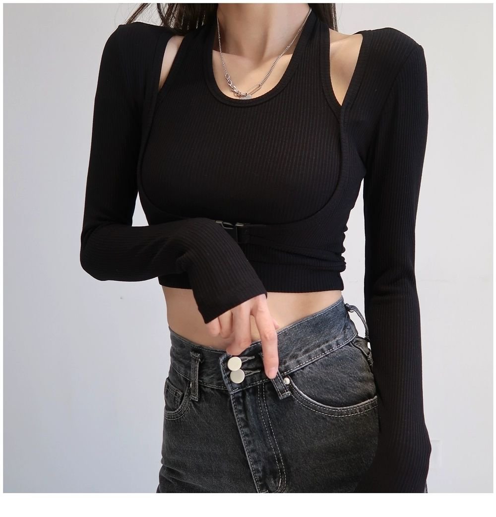 High-waist Strip Long-sleeved Bottoming Crop Top