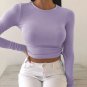 Long Sleeve O Neck Solid Color Crop Top