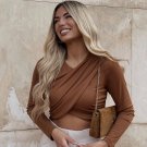 Long Sleeves Brown Crop Top Spring Summer
