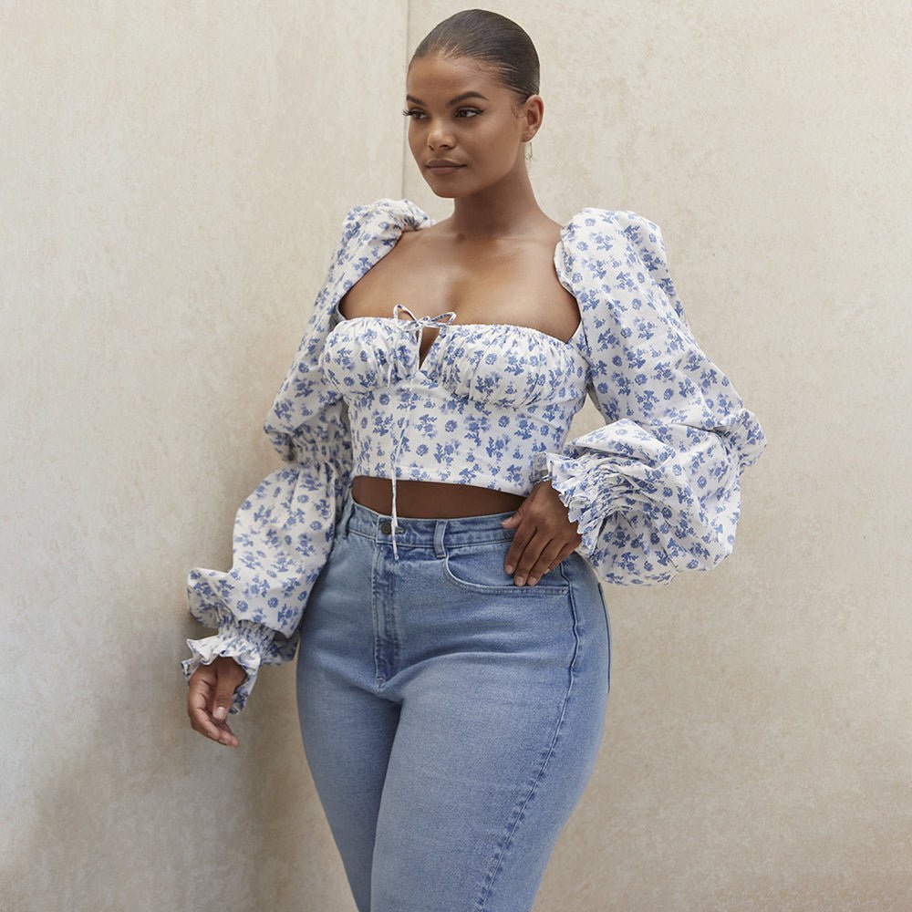 Long Square Collar Lace-up Crop Top