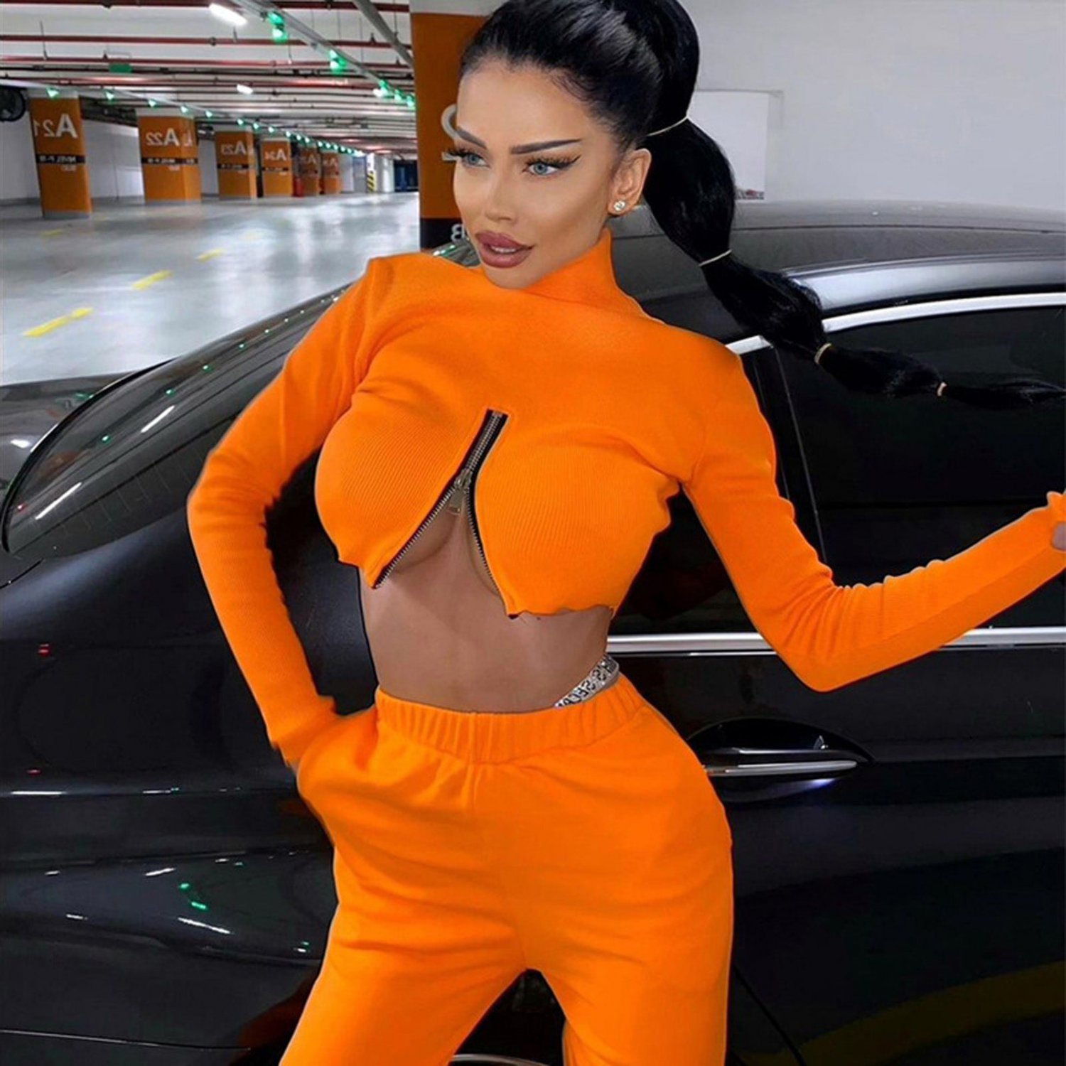 Orange Long-Sleeved Crop Top