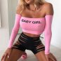 Pink Sexy Crop Top Letter Print Long-sleeved