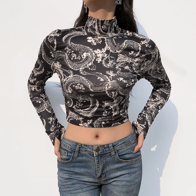 Printed Turtleneck Long Sleeve Crop Top