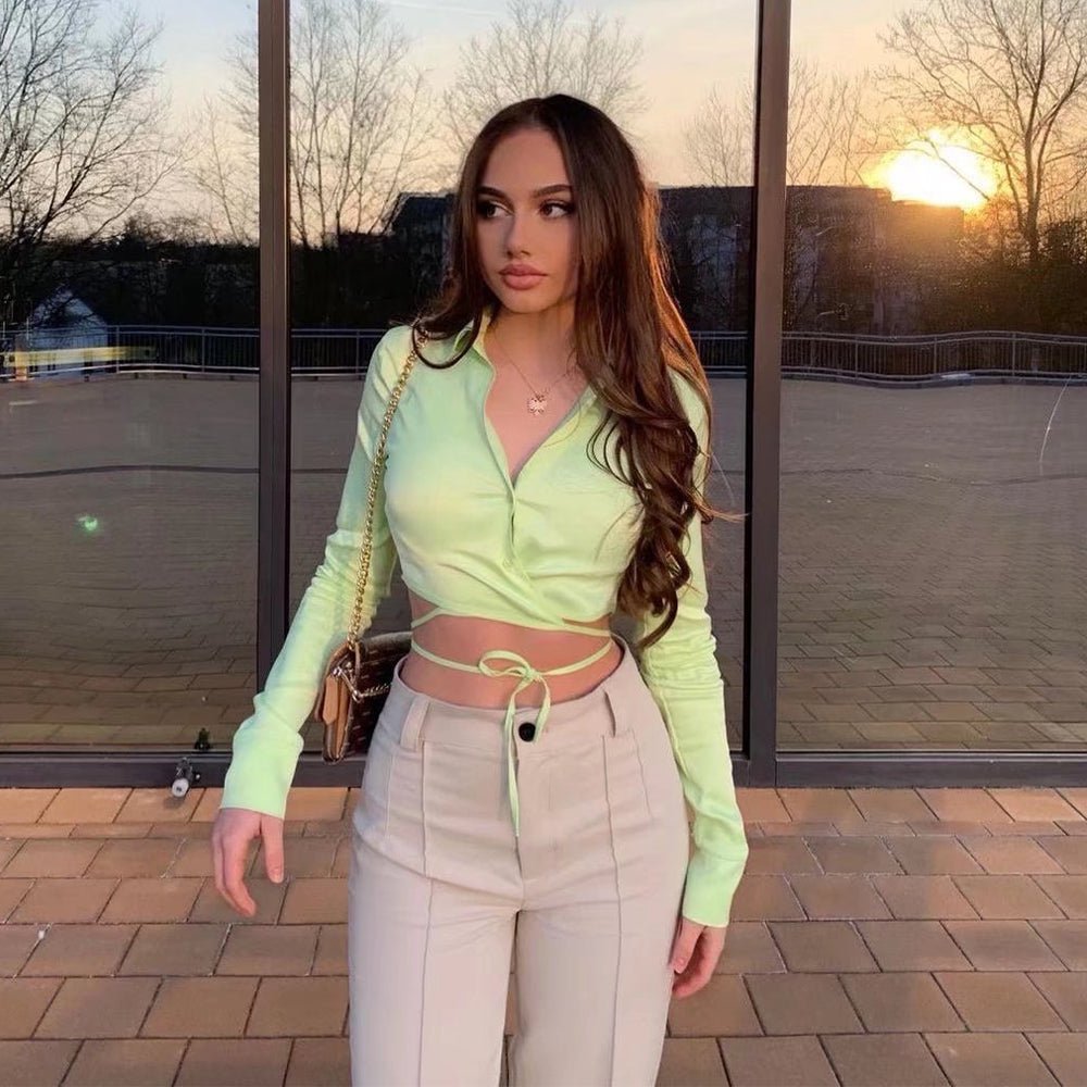 Satin Shirt Long Sleeves Crop Top
