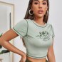 Sleeve Round Neck Contrast Stitch Crop Top