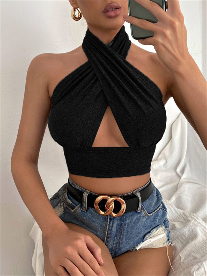 Solid Color Neck Push Up Hollow Crop Top