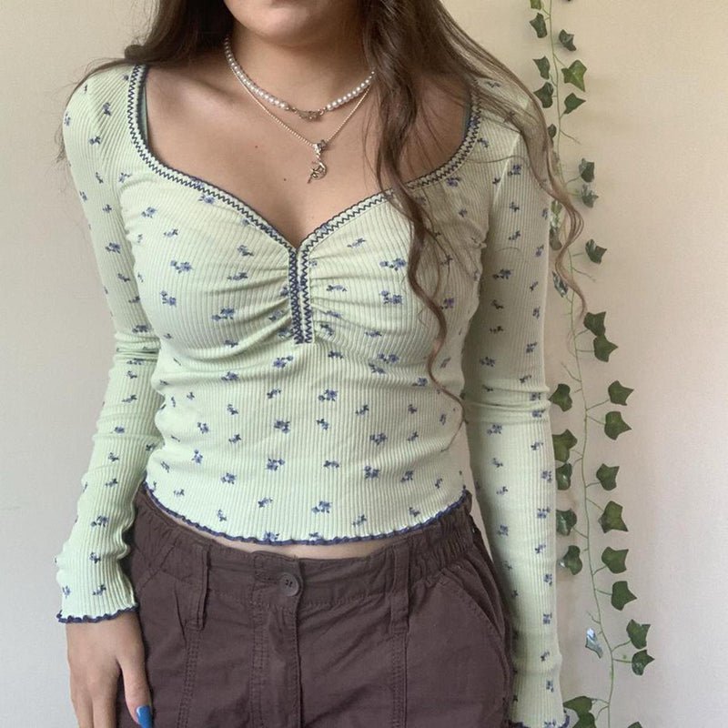 Sweet Girl Square Collar Frill Full Sleeve Crop Top