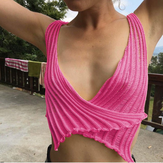 V Neck Knitted Summer Green Crop Top