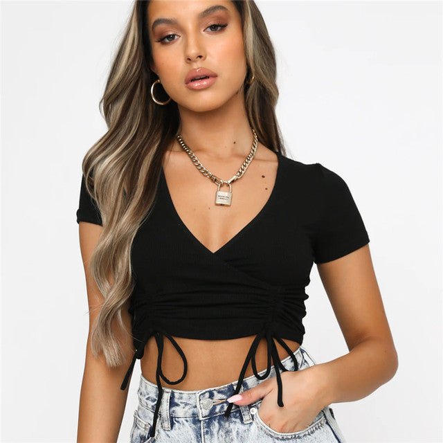 V Neck Ruched Drawstring Ribbed Crop Top