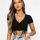 V Neck Ruched Drawstring Ribbed Crop Top