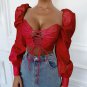 Women Sexy Crop Top Shirt Long Puff Sleeve