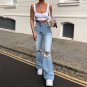 High Waist Ripped Denim Wide Jeans