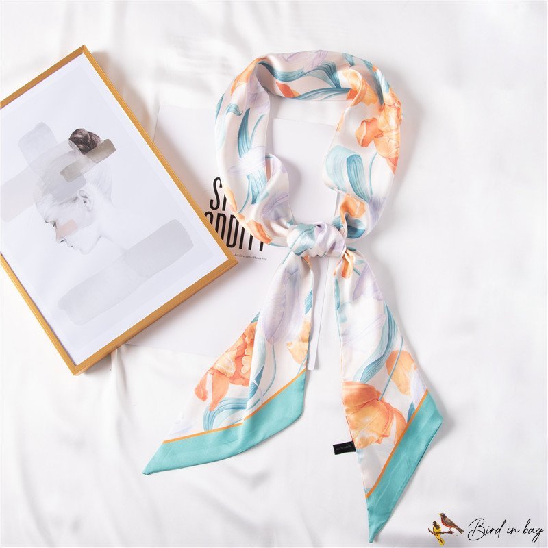 Sweet printing long strip of silk scarf female simulation silk flow French floating ribbon hair tie 