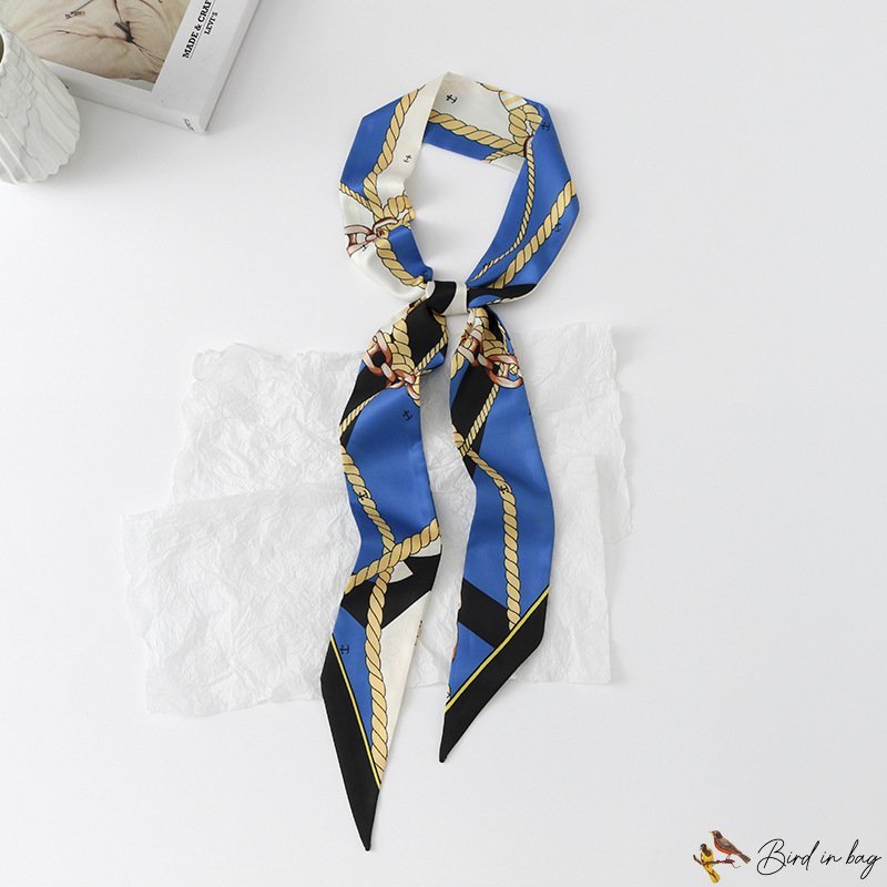 Classic retro chain printing simulation silk scarf female fashion thin narrow long small neck scarf 