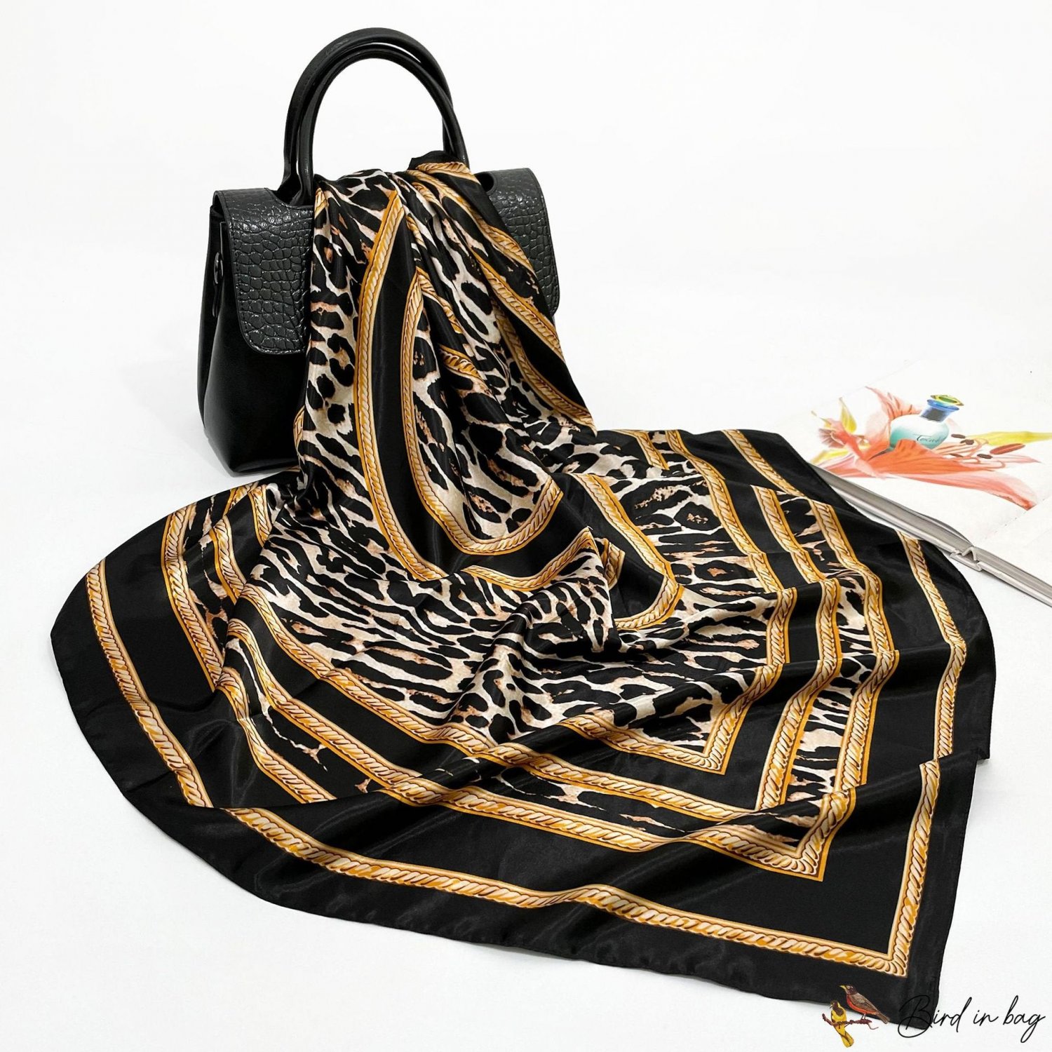 Spring and autumn new 90cm silk scarf simulation silk small square scarf printing leopard print turb