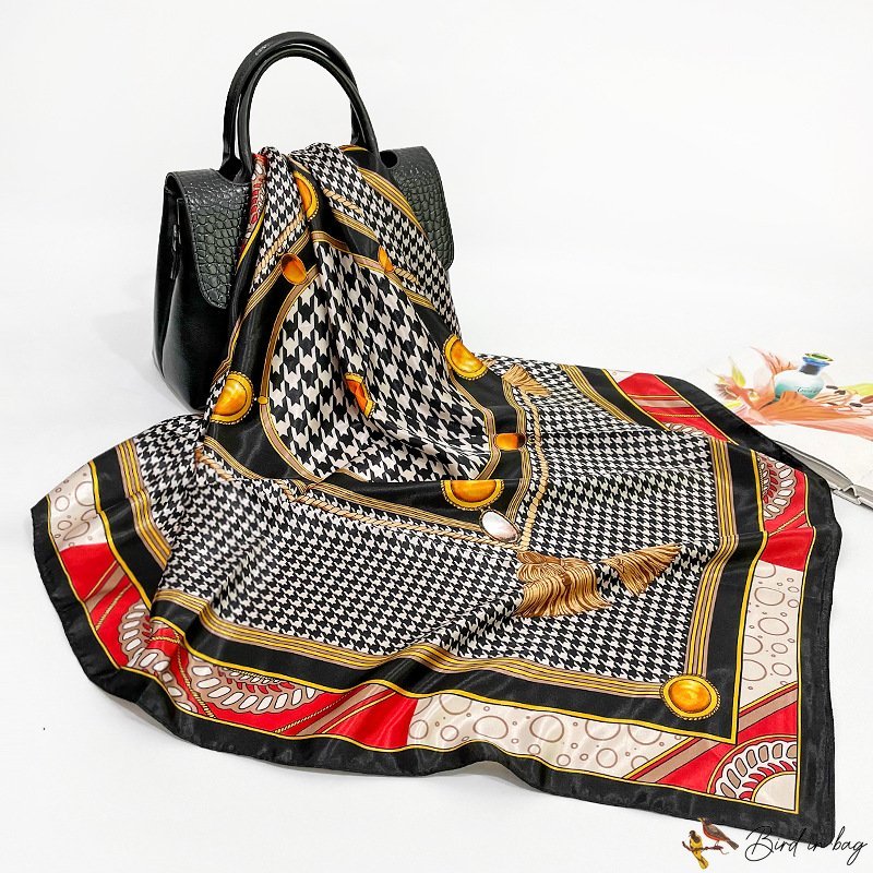 90cm bird check printing silk scarf women's new simulation silk square scarf scarf headscarf