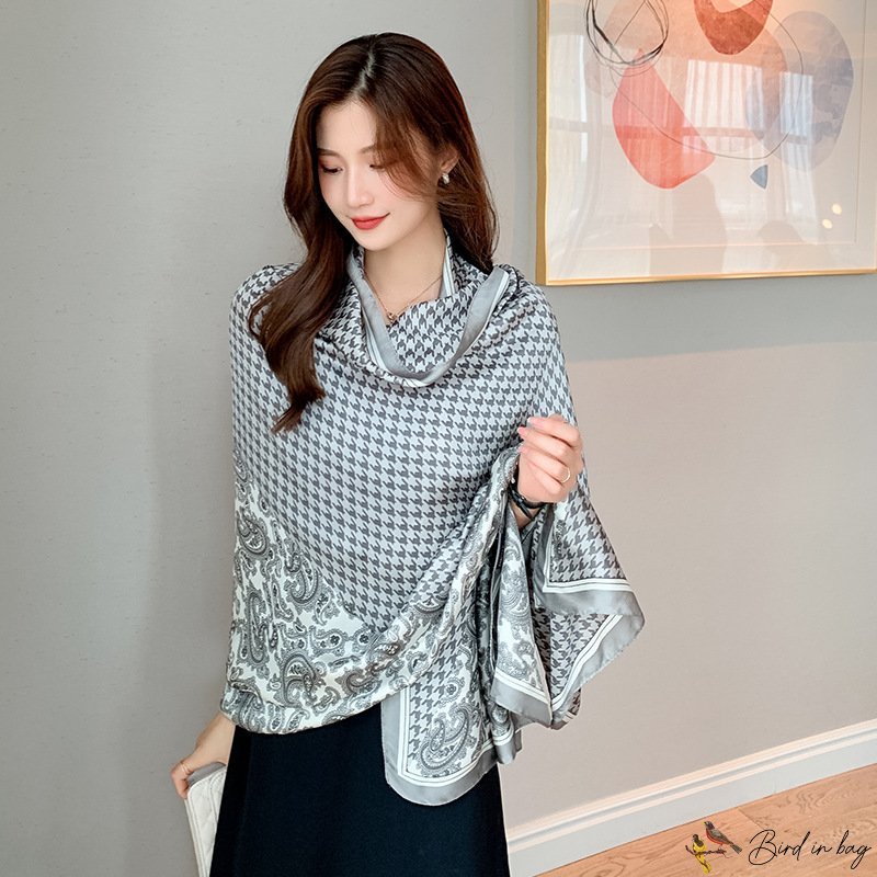 Printed long scarf new bird check long section silk scarf beach scarf shawl scarf female