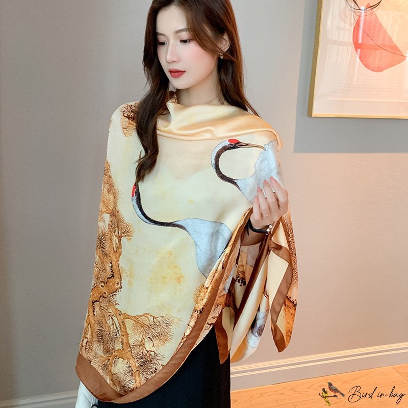 Chinese wind printing long scarf new crane long section silk scarf beach scarf shawl scarf female