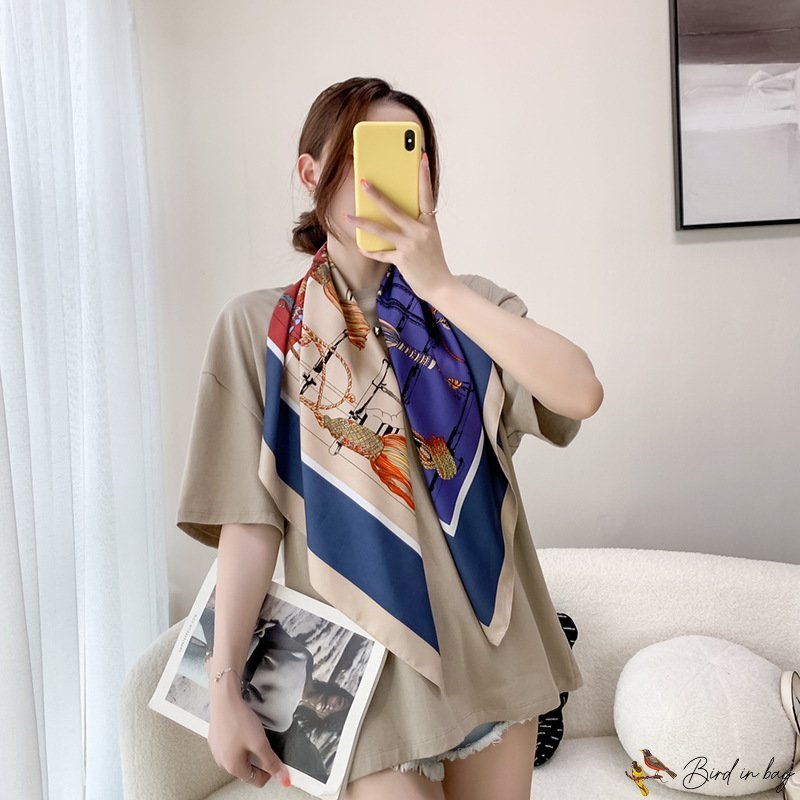 New silk scarf ladies sweet chain tassel printing large square scarf twill silk scarf