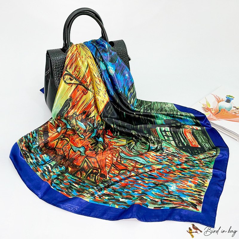 Silk scarf female spring and summer new oil painting printing large square scarf 90cm headscarf scar