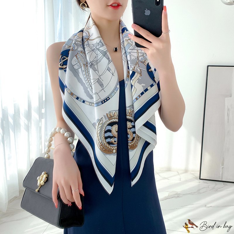 Spring and summer new satin 90cm large square scarf women shawl twill silk silk scarf sailboat print