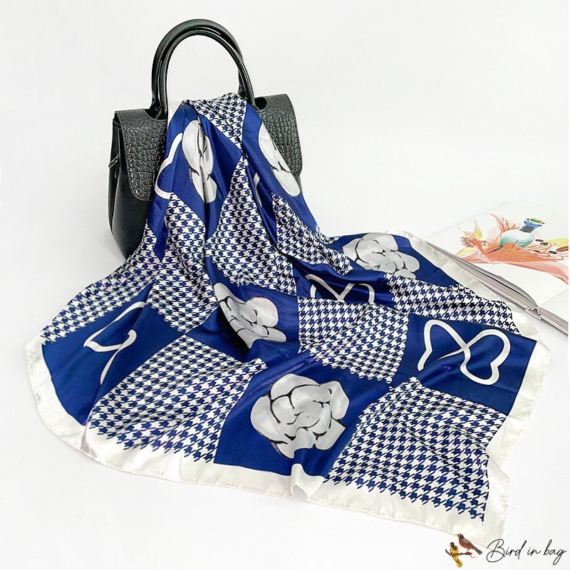 Retro plaid printing silk scarf spring and autumn women's blue decorative large square scarf headsca